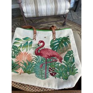 Cappelli Straworld Flamingo Tapestry Woven Straw ToteBag Tropical Beach Green EC
